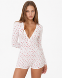Marilyn | Women's Floral Print Deep V Neck Long Sleeve Button Front Romper