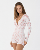 Marilyn | Women's Floral Print Deep V Neck Long Sleeve Button Front Romper