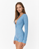 Marilyn | Women's Floral Print Deep V Neck Long Sleeve Button Front Romper