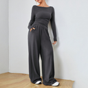 Marisa | Women's Boat Neck Ruched Long Sleeve Wide Leg Two Piece Set