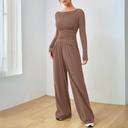 Marisa | Women's Boat Neck Ruched Long Sleeve Wide Leg Two Piece Set