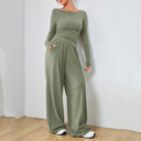 Marisa | Women's Boat Neck Ruched Long Sleeve Wide Leg Two Piece Set