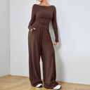 Marisa | Women's Boat Neck Ruched Long Sleeve Wide Leg Two Piece Set