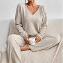 Marlene | Women's V Neck Long Sleeve Ribbed Knit Wide Leg Two Piece Set