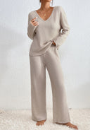 Marlene | Women's V Neck Long Sleeve Ribbed Knit Wide Leg Two Piece Set