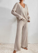 Marlene | Women's V Neck Long Sleeve Ribbed Knit Wide Leg Two Piece Set