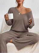 Marlene | Women's V Neck Long Sleeve Ribbed Knit Wide Leg Two Piece Set