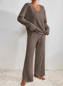 Marlene | Women's V Neck Long Sleeve Ribbed Knit Wide Leg Two Piece Set