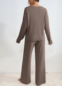 Marlene | Women's V Neck Long Sleeve Ribbed Knit Wide Leg Two Piece Set