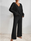 Marlene | Women's V Neck Long Sleeve Ribbed Knit Wide Leg Two Piece Set
