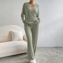 Marlene | Women's V Neck Long Sleeve Ribbed Knit Wide Leg Two Piece Set