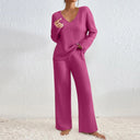 Marlene | Women's V Neck Long Sleeve Ribbed Knit Wide Leg Two Piece Set