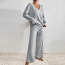 Marlene | Women's V Neck Long Sleeve Ribbed Knit Wide Leg Two Piece Set