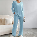 Marlene | Women's V Neck Long Sleeve Ribbed Knit Wide Leg Two Piece Set