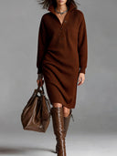 Maura | Women's High Collar Button Front Long Sleeve Ribbed Sweater Midi Dress