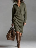 Maura | Women's High Collar Button Front Long Sleeve Ribbed Sweater Midi Dress