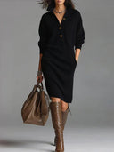 Maura | Women's High Collar Button Front Long Sleeve Ribbed Sweater Midi Dress