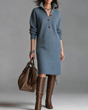 Maura | Women's High Collar Button Front Long Sleeve Ribbed Sweater Midi Dress