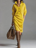 Maura | Women's High Collar Button Front Long Sleeve Ribbed Sweater Midi Dress