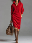 Maura | Women's High Collar Button Front Long Sleeve Ribbed Sweater Midi Dress