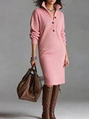 Maura | Women's High Collar Button Front Long Sleeve Ribbed Sweater Midi Dress