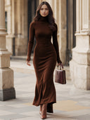 Melina | Women's Turtleneck Long Sleeve Asymmetric Hem Side Slit Maxi Dress