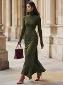 Melina | Women's Turtleneck Long Sleeve Asymmetric Hem Side Slit Maxi Dress