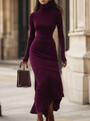 Melina | Women's Turtleneck Long Sleeve Asymmetric Hem Side Slit Maxi Dress