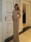Melora | Women's One Shoulder Ruched Draped Front Rhinestone Maxi Dress