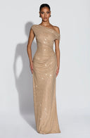 Melora | Women's One Shoulder Ruched Draped Front Rhinestone Maxi Dress