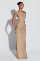 Melora | Women's One Shoulder Ruched Draped Front Rhinestone Maxi Dress