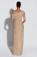 Melora | Women's One Shoulder Ruched Draped Front Rhinestone Maxi Dress