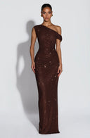 Melora | Women's One Shoulder Ruched Draped Front Rhinestone Maxi Dress