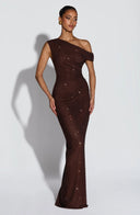 Melora | Women's One Shoulder Ruched Draped Front Rhinestone Maxi Dress