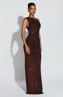 Melora | Women's One Shoulder Ruched Draped Front Rhinestone Maxi Dress