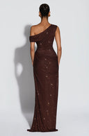 Melora | Women's One Shoulder Ruched Draped Front Rhinestone Maxi Dress