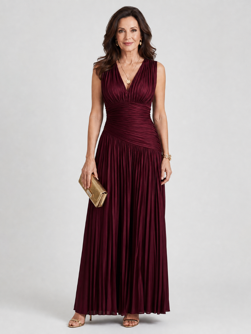 Merryn | Women's Pleated Sleeveless Ruched Burgundy Maxi Evening Dress