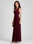 Merryn | Women's Pleated Sleeveless Ruched Burgundy Maxi Evening Dress