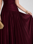 Merryn | Women's Pleated Sleeveless Ruched Burgundy Maxi Evening Dress