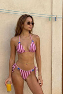 Mia | Women’s Striped Bow Detail Triangle Tie-Side Bikini Set
