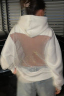Moira | Women's Long Sleeve Front Pocket Open Back Sheer Mesh Panel Hoodie