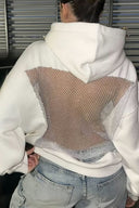 Moira | Women's Long Sleeve Front Pocket Open Back Sheer Mesh Panel Hoodie