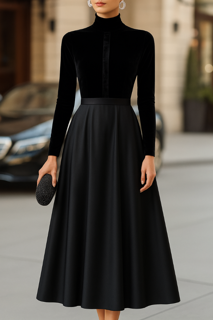 Navy | Women's High Neck Long Sleeve Formal Midi Dress