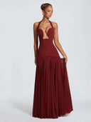 Naya | Women's Halter Plunge Neck Lace Up Back Pleated Skirt Maxi Dress