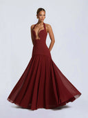 Naya | Women's Halter Plunge Neck Lace Up Back Pleated Skirt Maxi Dress