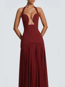 Naya | Women's Halter Plunge Neck Lace Up Back Pleated Skirt Maxi Dress
