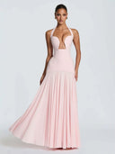 Naya | Women's Halter Plunge Neck Lace Up Back Pleated Skirt Maxi Dress