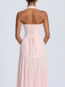 Naya | Women's Halter Plunge Neck Lace Up Back Pleated Skirt Maxi Dress