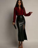 Nerissa | Women's High Waist Side Slit Glossy Maxi Skirt