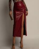 Nerissa | Women's High Waist Side Slit Glossy Maxi Skirt